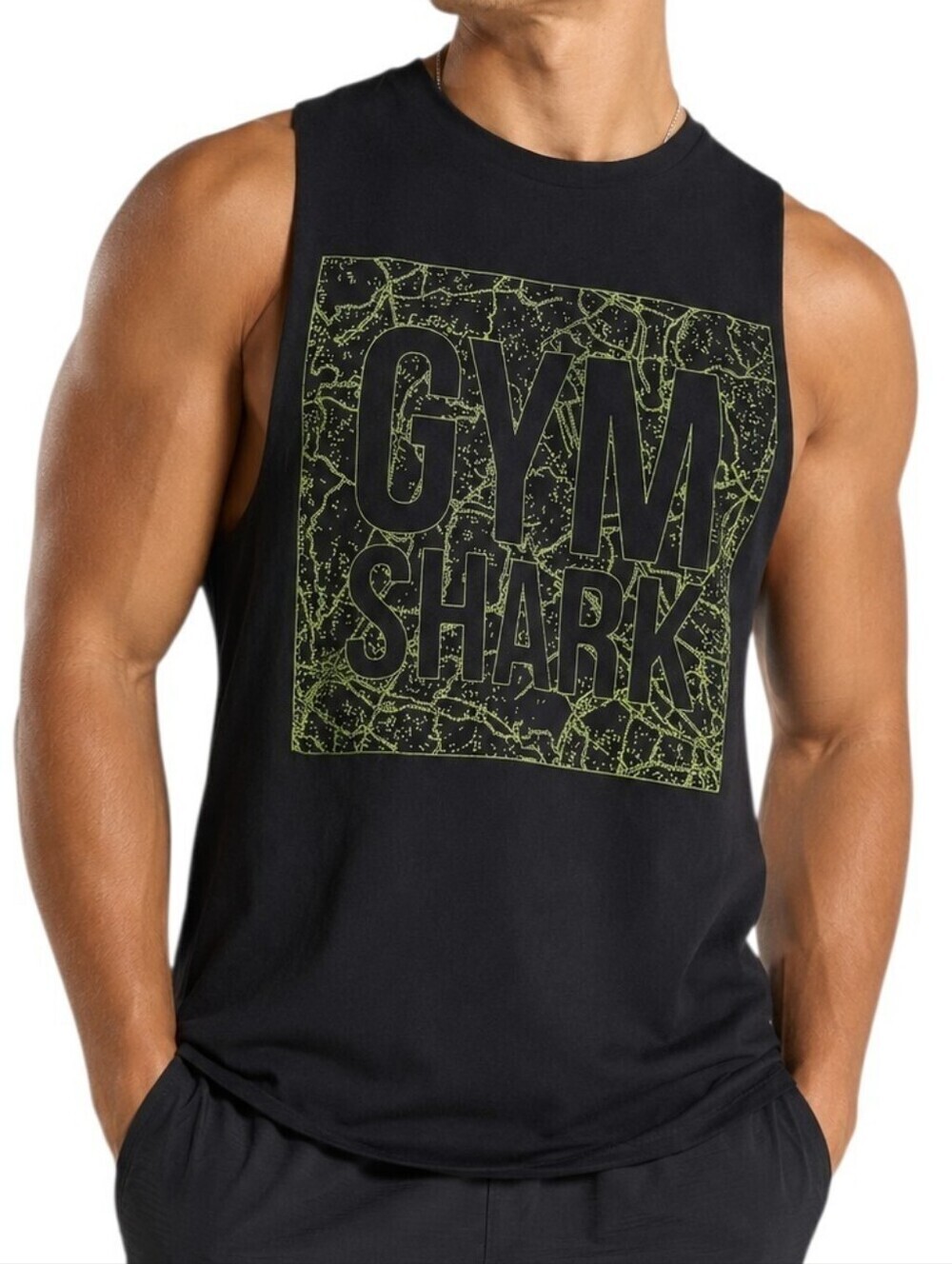 Gymshark Men Medium Graphic Workout Tank Black Green Drop Arm